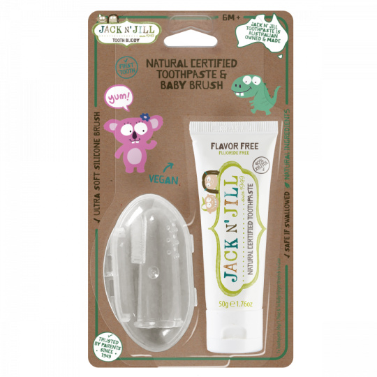 Jack N' Jill Natural Toothpaste Flavourless 50 g and children's silicone toothbrush for finger